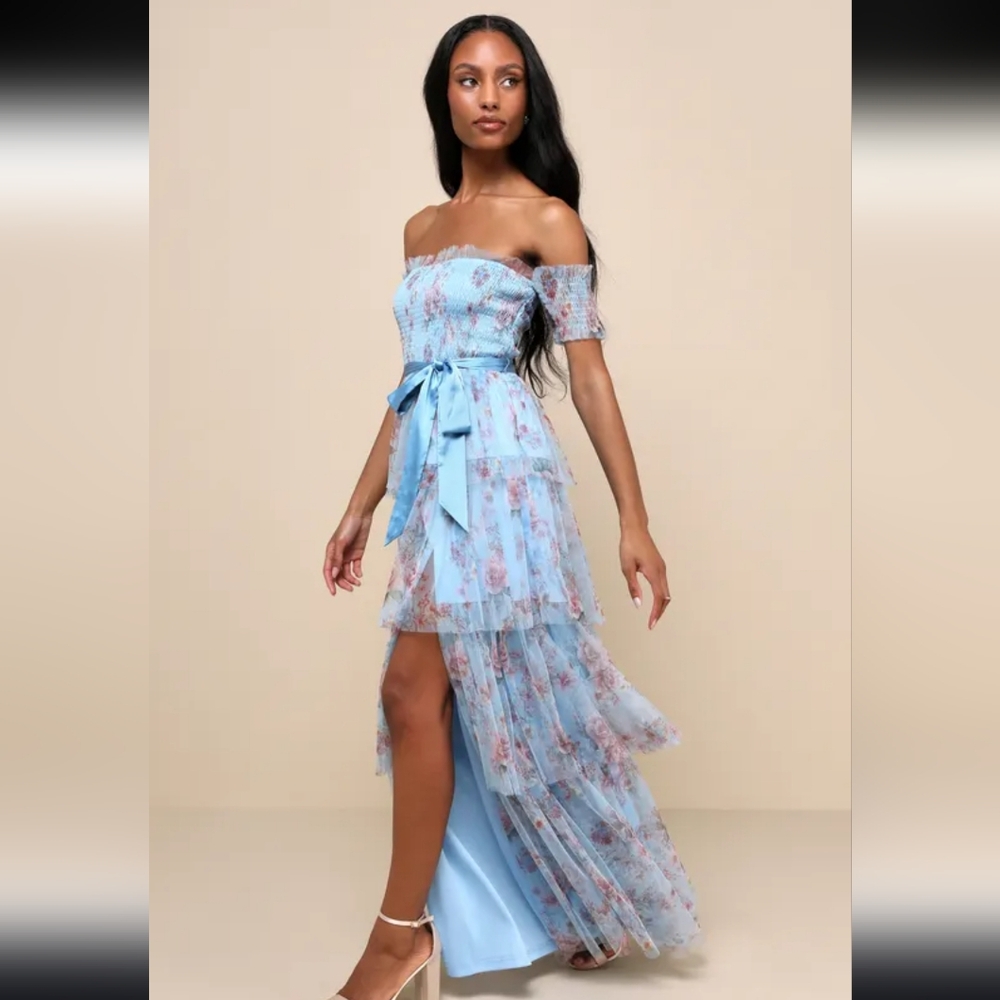 Lulus Pretty Whimsy Blue Floral Tiered Off-the-Shoulder Maxi Dress - Picture 4 of 7